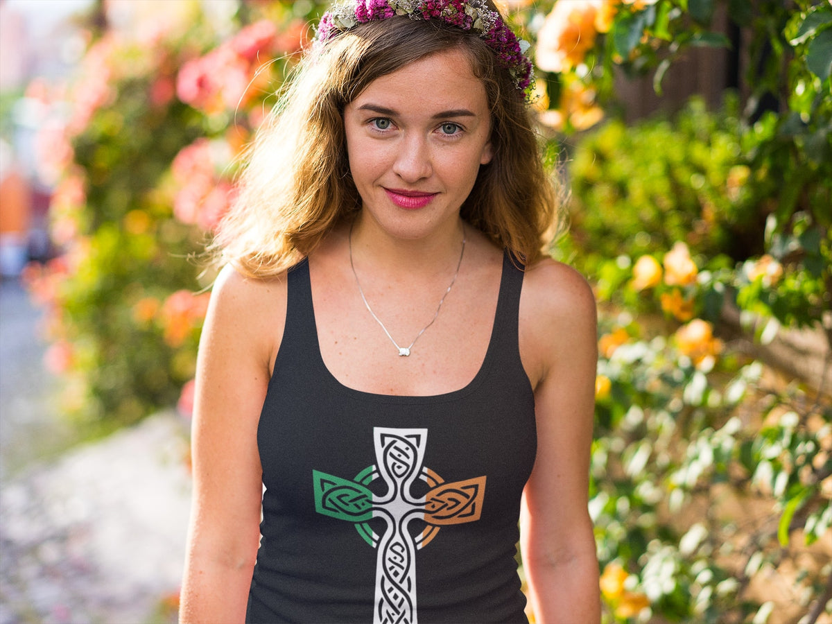 St Patricks Day Irish Flag Large Celtic Cross Juniors Soft Tank Top Juniors Tank Tops Oldglory.com