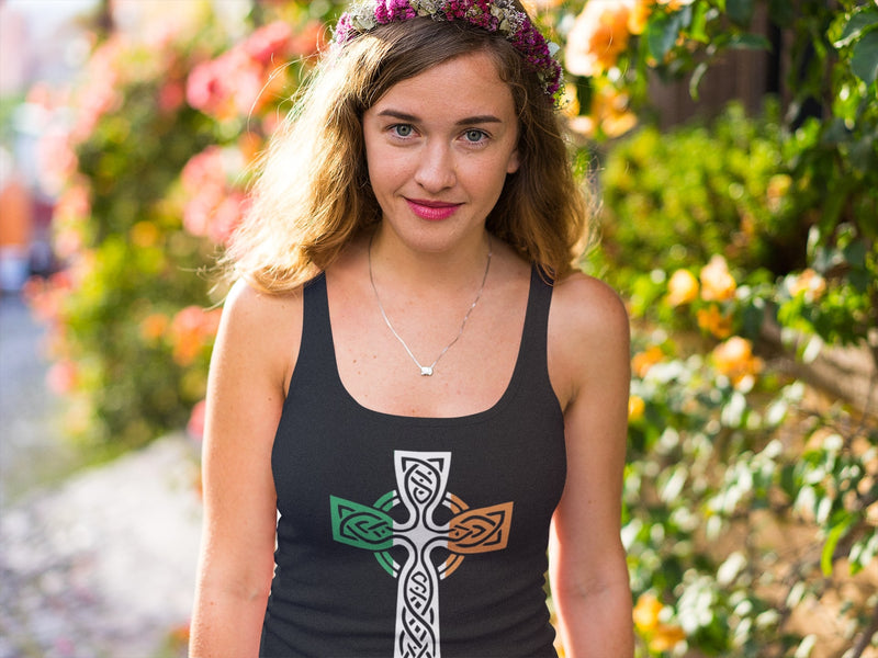 St Patricks Day Irish Flag Large Celtic Cross Juniors Soft Tank Top Juniors Tank Tops Oldglory.com