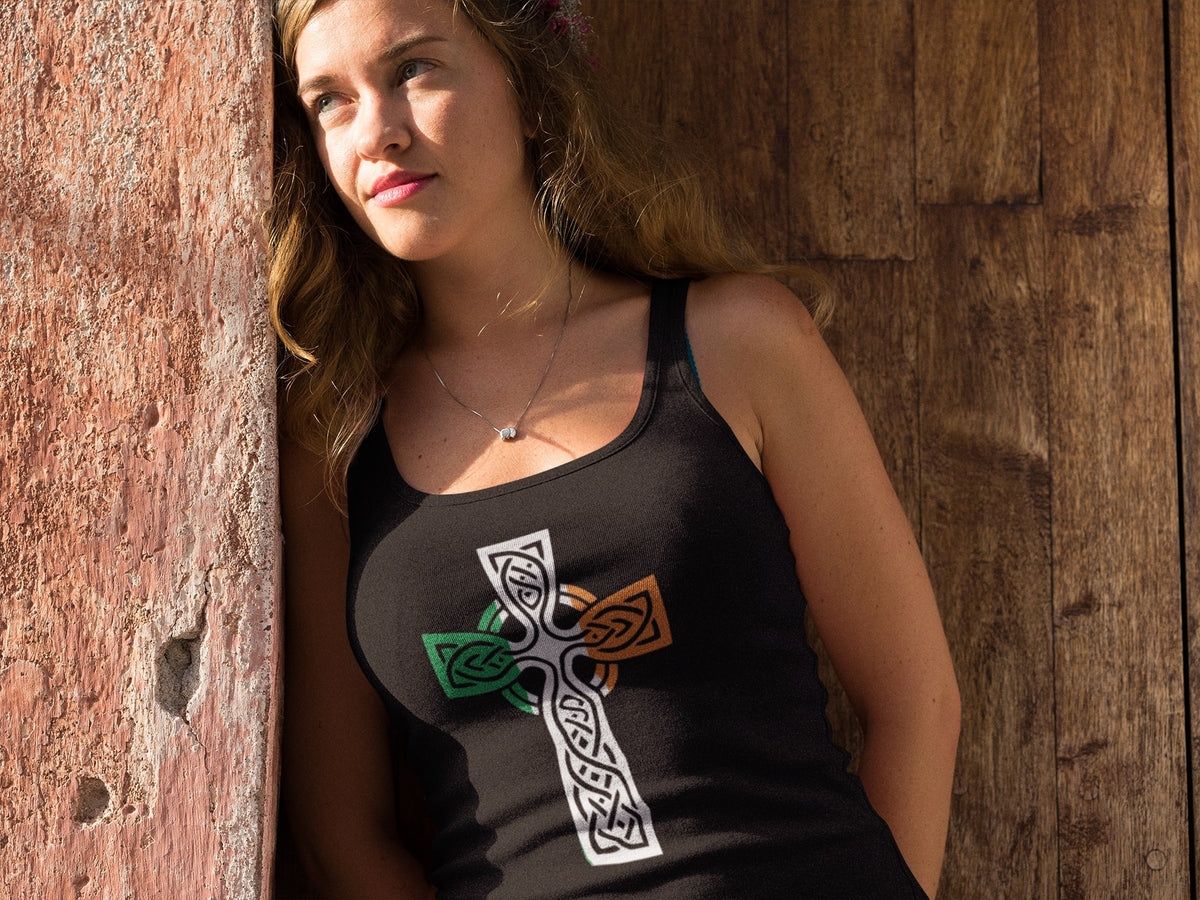 St Patricks Day Irish Flag Large Celtic Cross Juniors Soft Tank Top Juniors Tank Tops Oldglory.com