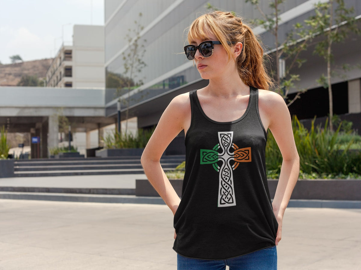 St Patricks Day Irish Flag Large Celtic Cross Juniors Soft Tank Top Juniors Tank Tops Oldglory.com