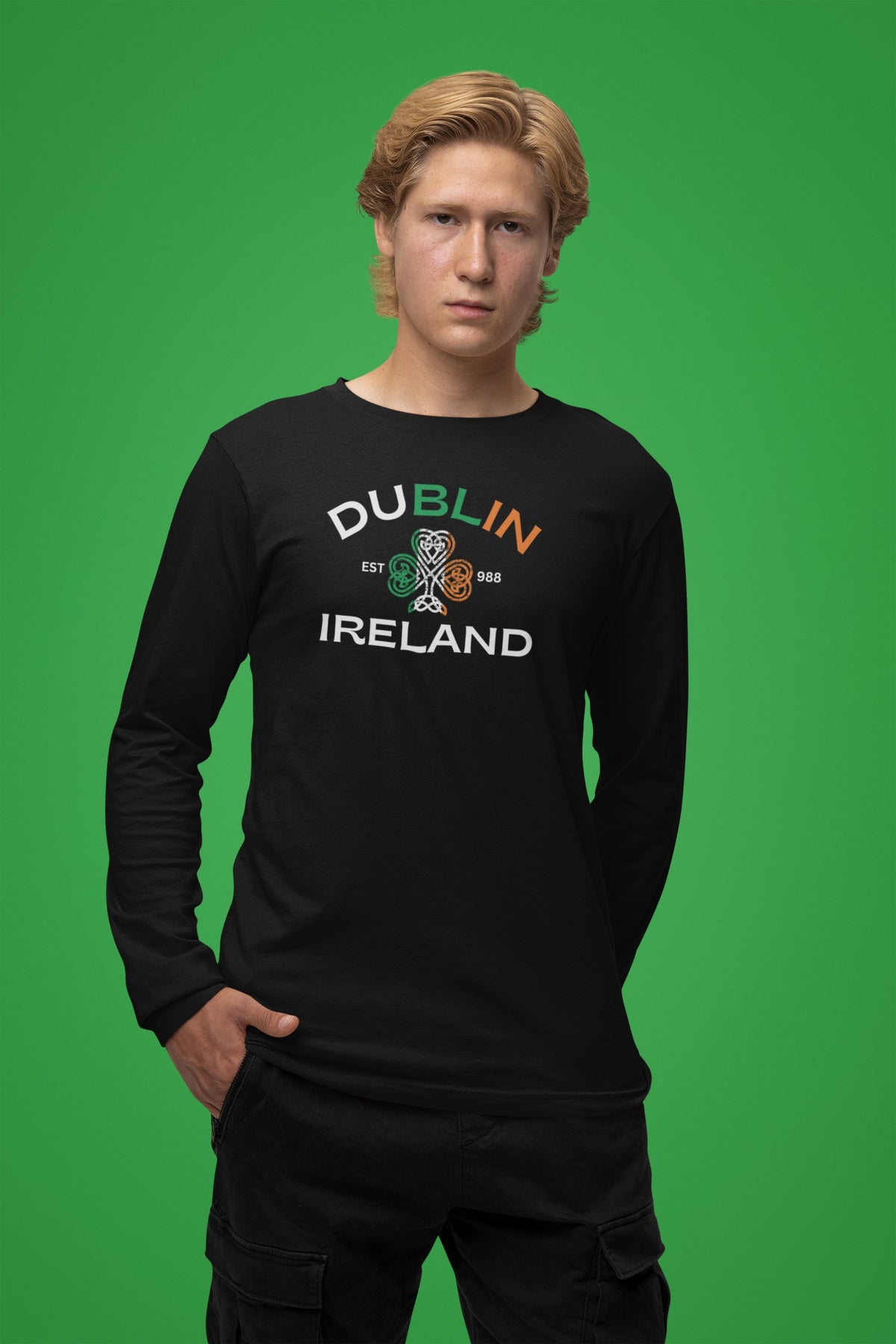 St Patricks Day Dublin Ireland Est 988 Celtic Shamrock Mens Long Sleeve T Shirt Men's Long Sleeves Oldglory.com