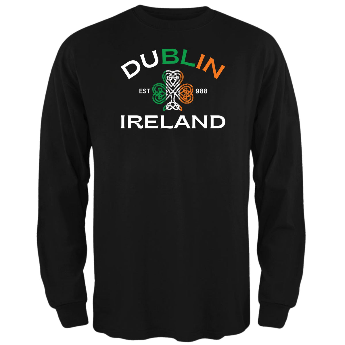 St Patricks Day Dublin Ireland Est 988 Celtic Shamrock Mens Long Sleeve T Shirt Men's Long Sleeves Oldglory.com SM Black