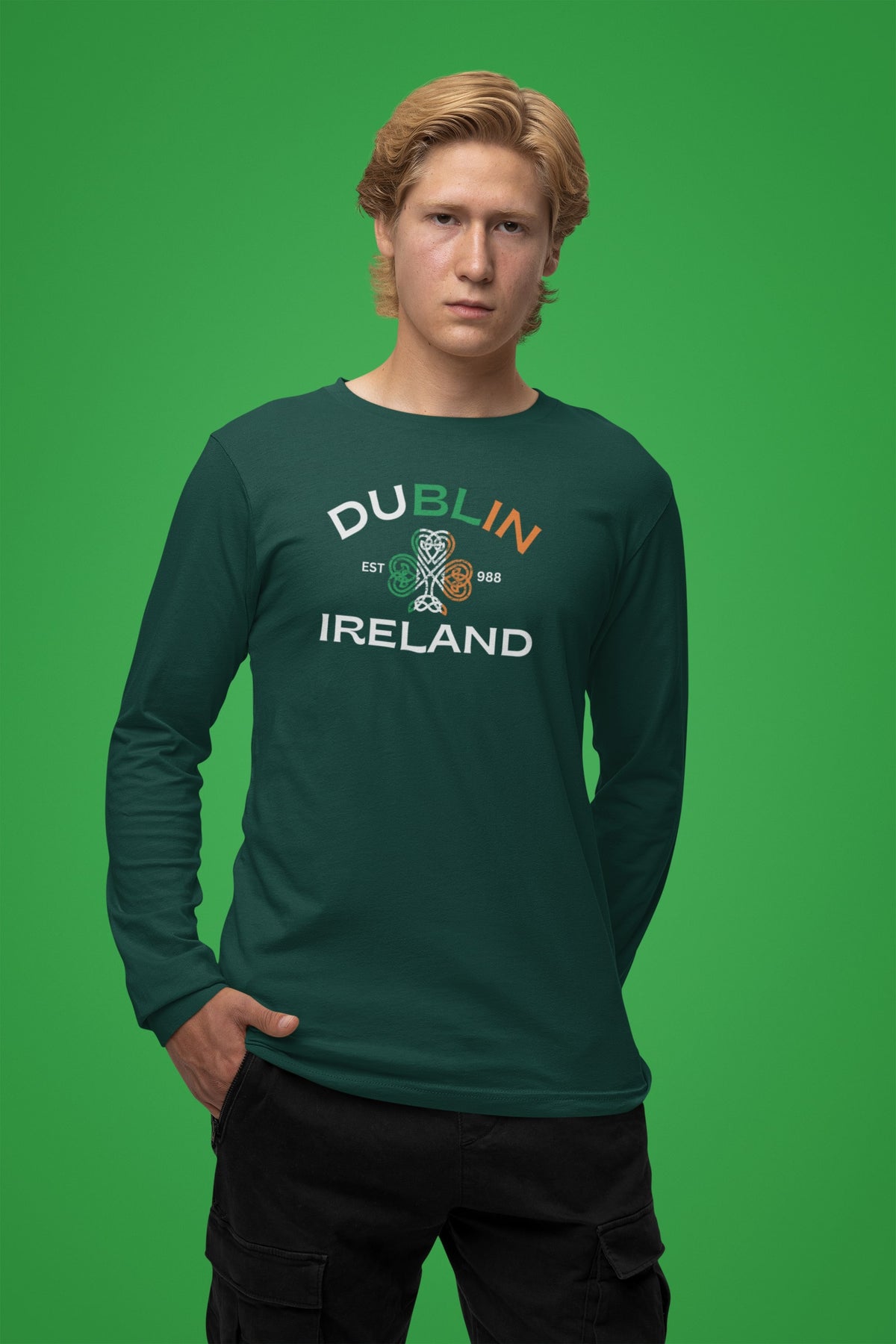 St Patricks Day Dublin Ireland Est 988 Celtic Shamrock Mens Long Sleeve T Shirt Men's Long Sleeves Oldglory.com