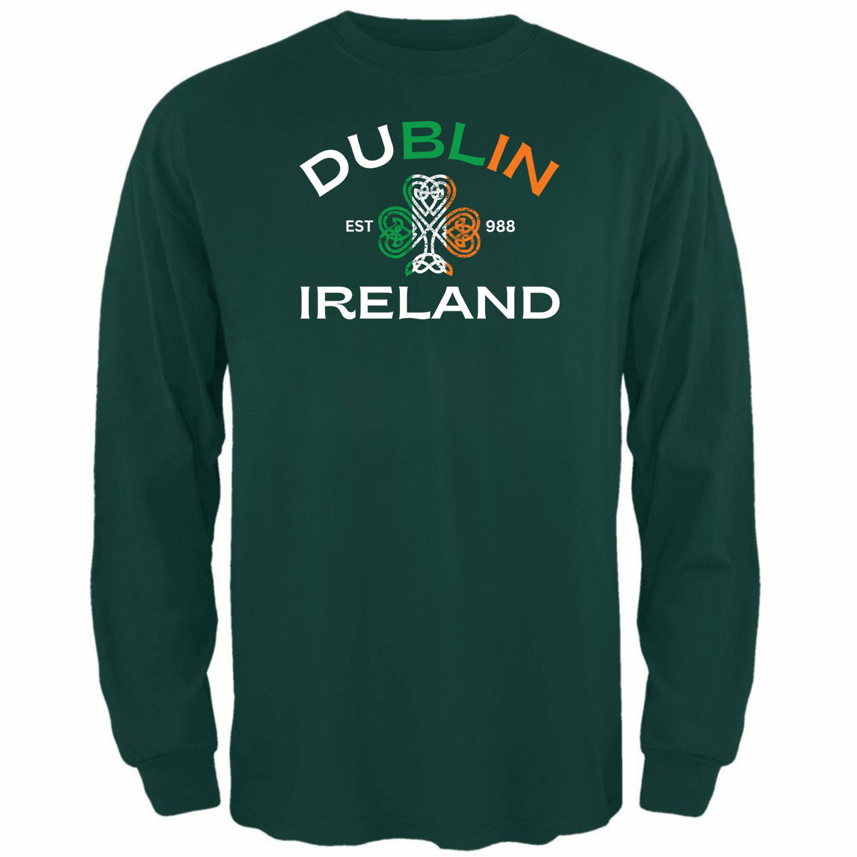St Patricks Day Dublin Ireland Est 988 Celtic Shamrock Mens Long Sleeve T Shirt Men's Long Sleeves Oldglory.com SM Dark Green
