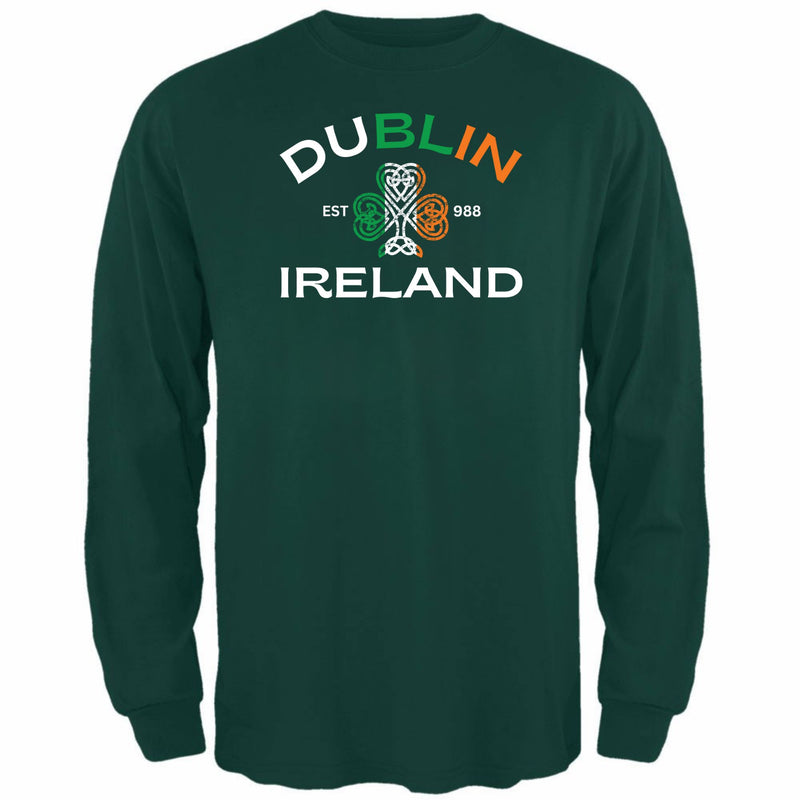 St Patricks Day Dublin Ireland Est 988 Celtic Shamrock Mens Long Sleeve T Shirt Men's Long Sleeves Oldglory.com SM Dark Green