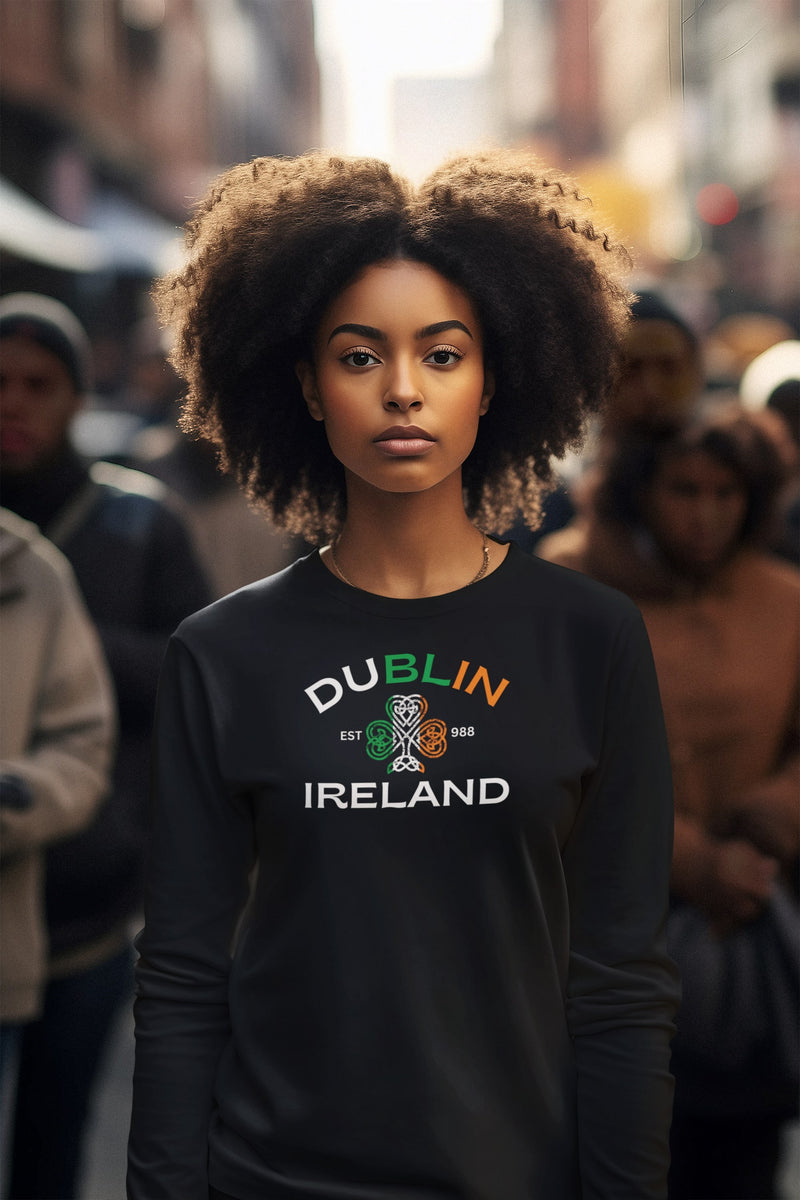 St Patricks Day Dublin Ireland Est 988 Celtic Shamrock Womens Long Sleeve T Shirt Women's Long Sleeves Oldglory.com