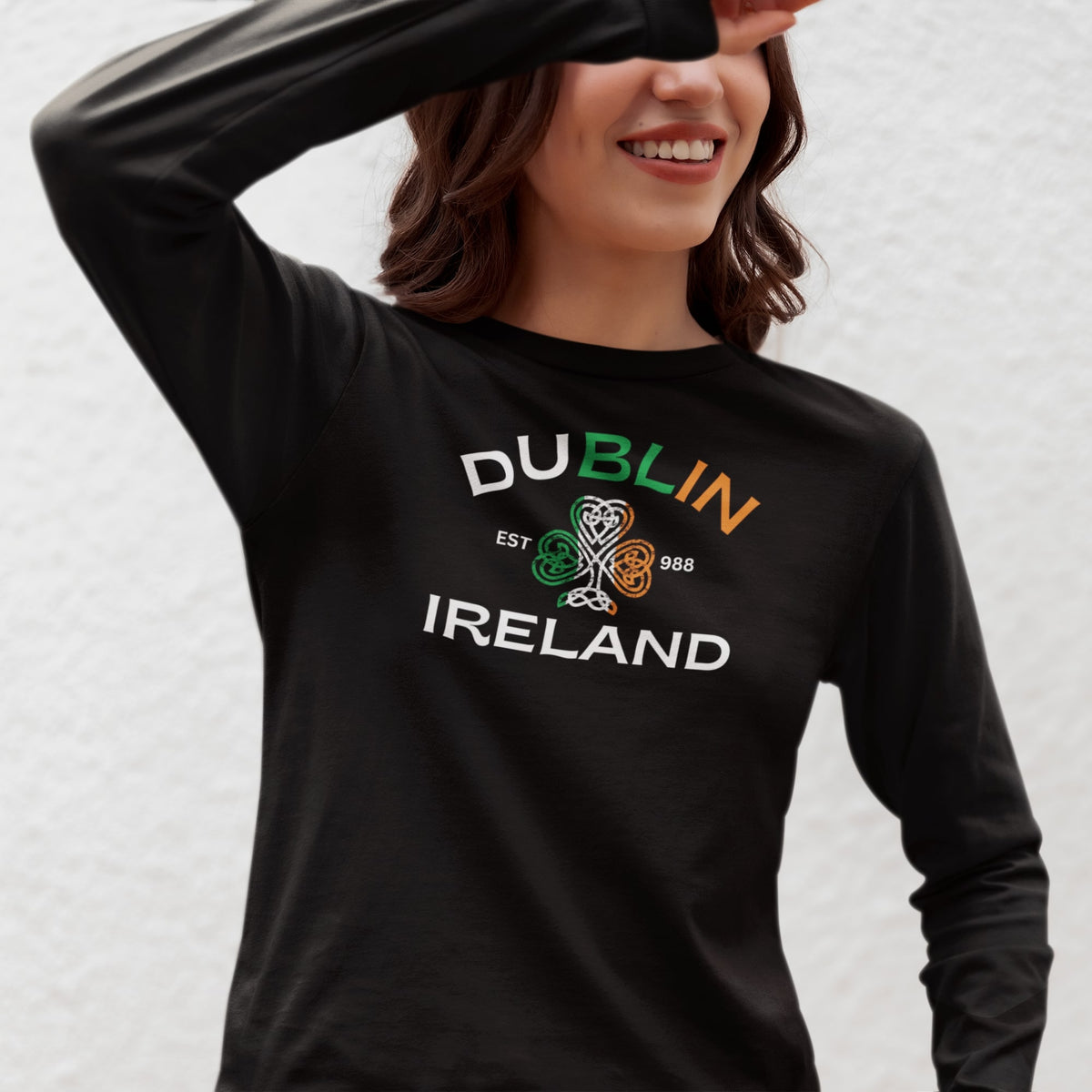 St Patricks Day Dublin Ireland Est 988 Celtic Shamrock Womens Long Sleeve T Shirt Women's Long Sleeves Oldglory.com