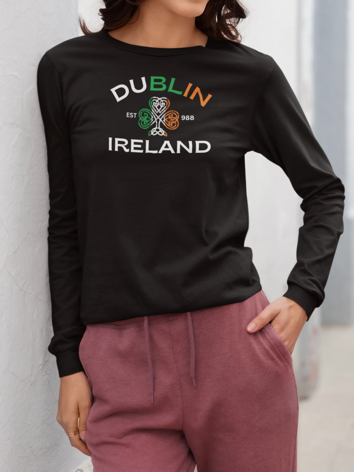 St Patricks Day Dublin Ireland Est 988 Celtic Shamrock Womens Long Sleeve T Shirt Women's Long Sleeves Oldglory.com