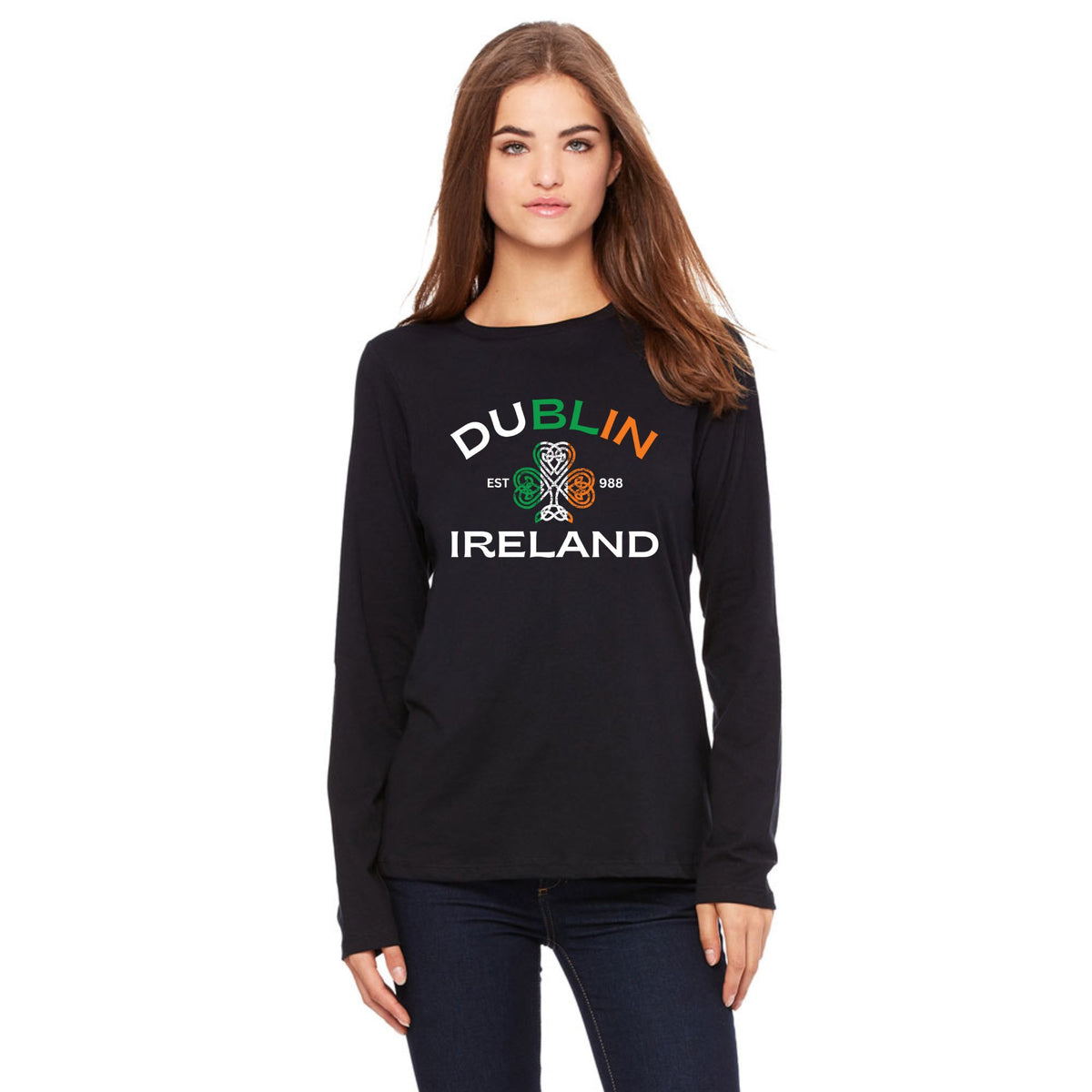 St Patricks Day Dublin Ireland Est 988 Celtic Shamrock Womens Long Sleeve T Shirt Women's Long Sleeves Oldglory.com SM Black