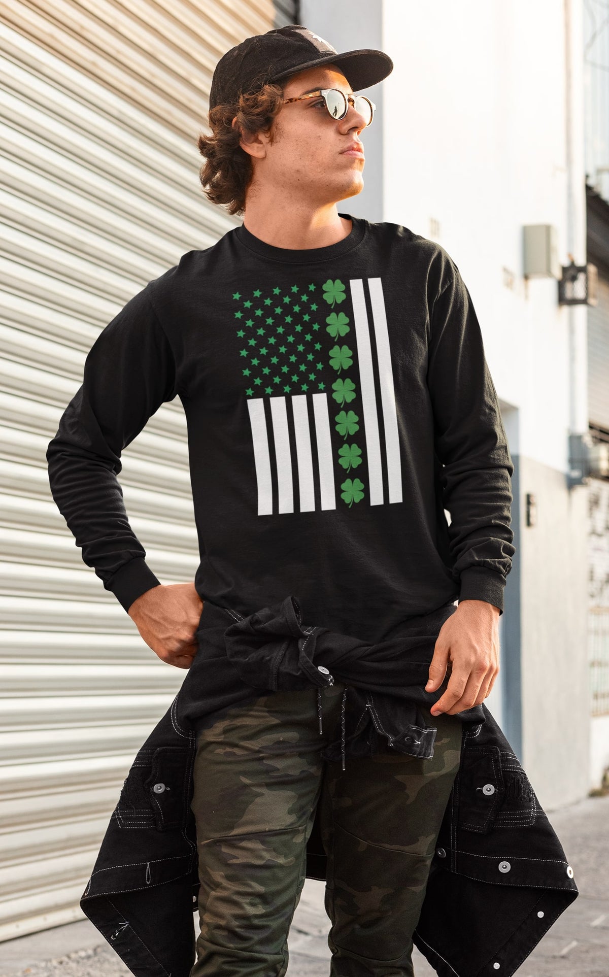 St Patricks Day Shamrock Irish Themed US Flag Mens Long Sleeve T Shirt Men's Long Sleeves Oldglory.com