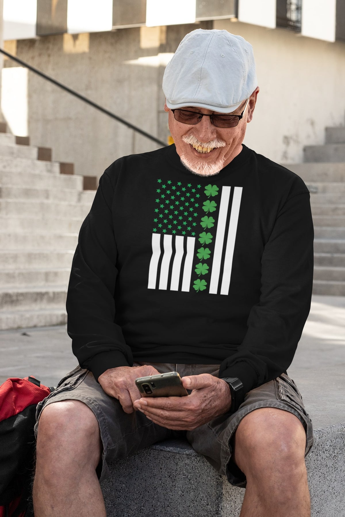 St Patricks Day Shamrock Irish Themed US Flag Mens Long Sleeve T Shirt Men's Long Sleeves Oldglory.com