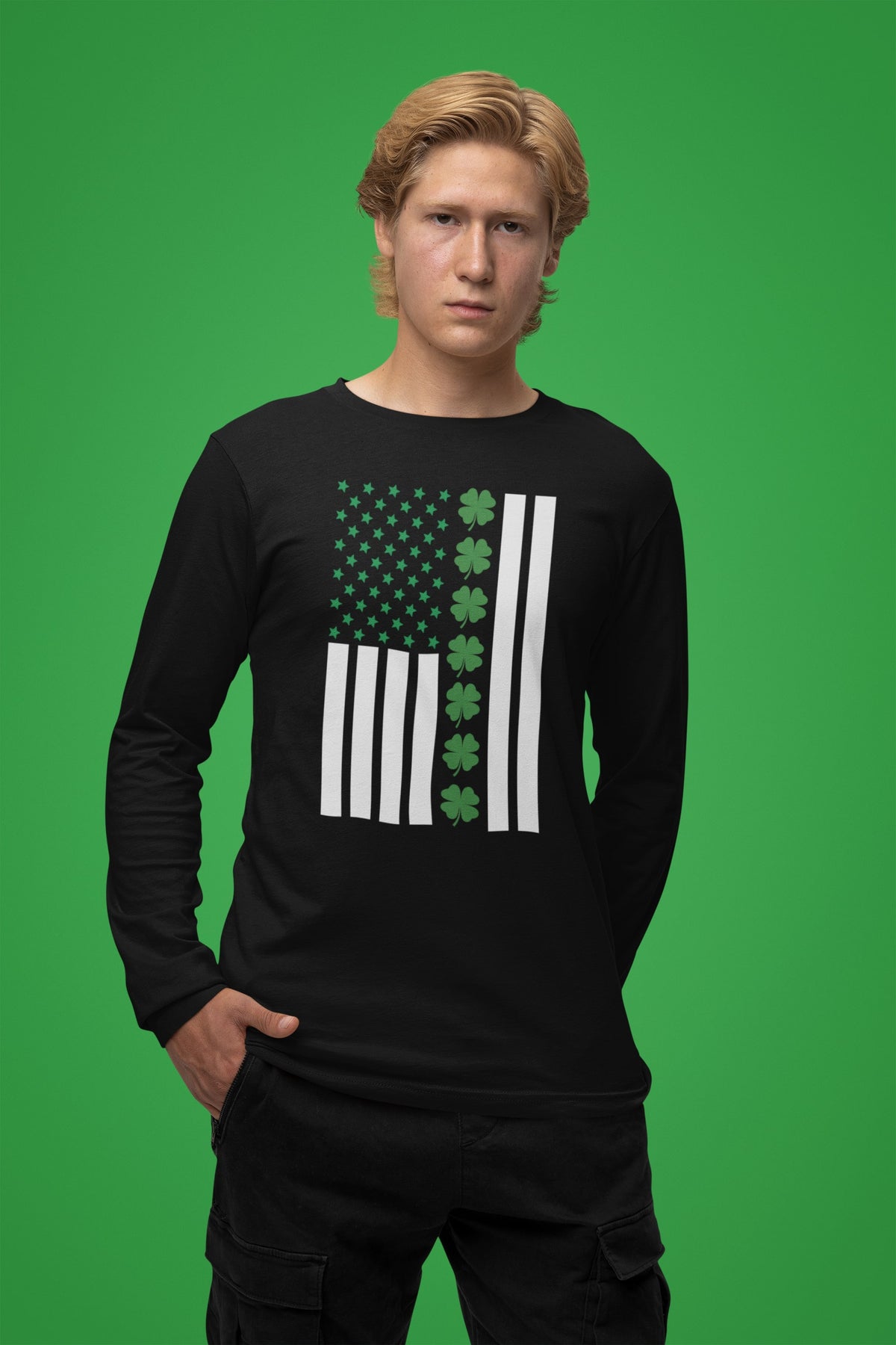 St Patricks Day Shamrock Irish Themed US Flag Mens Long Sleeve T Shirt Men's Long Sleeves Oldglory.com
