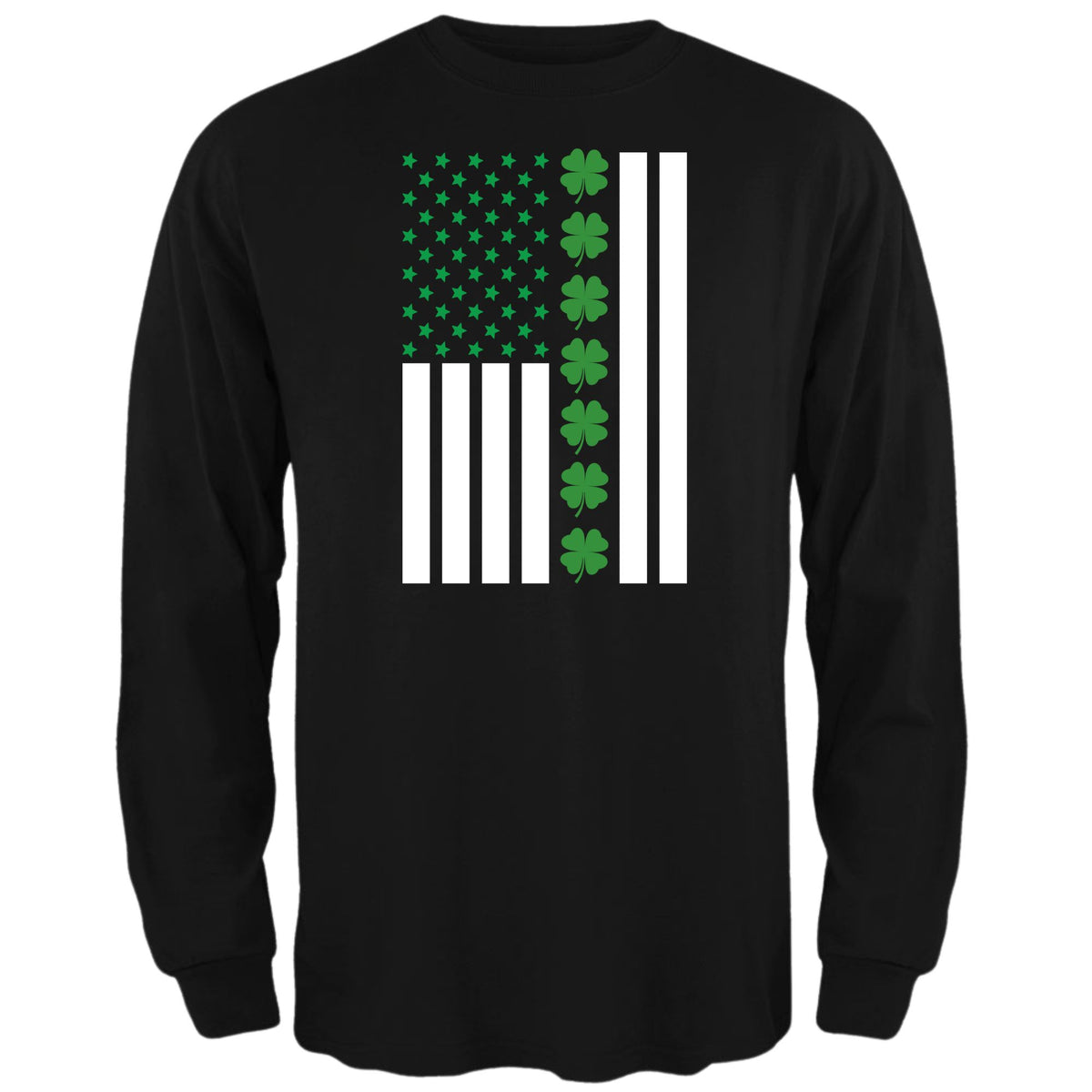 St Patricks Day Shamrock Irish Themed US Flag Mens Long Sleeve T Shirt Men's Long Sleeves Oldglory.com SM Black