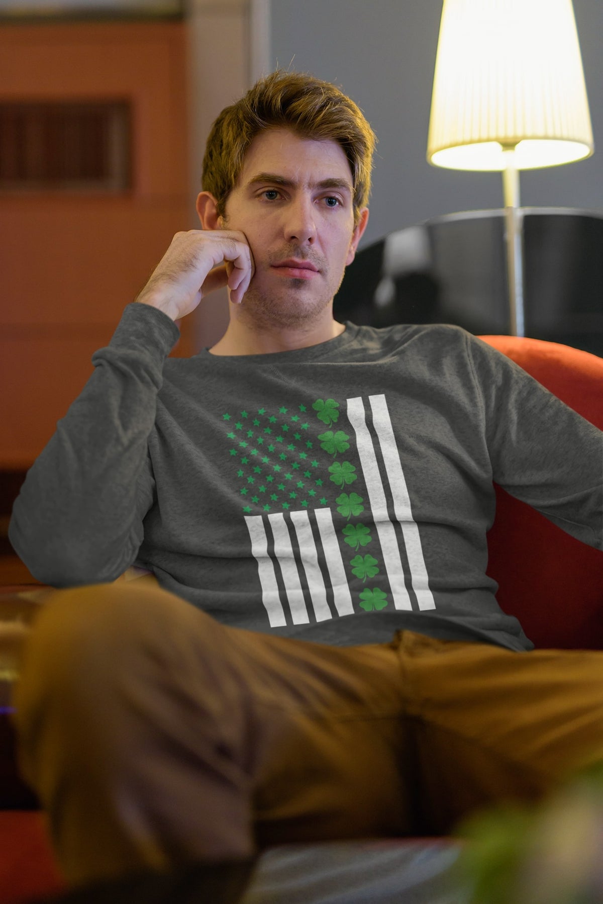 St Patricks Day Shamrock Irish Themed US Flag Mens Long Sleeve T Shirt Men's Long Sleeves Oldglory.com