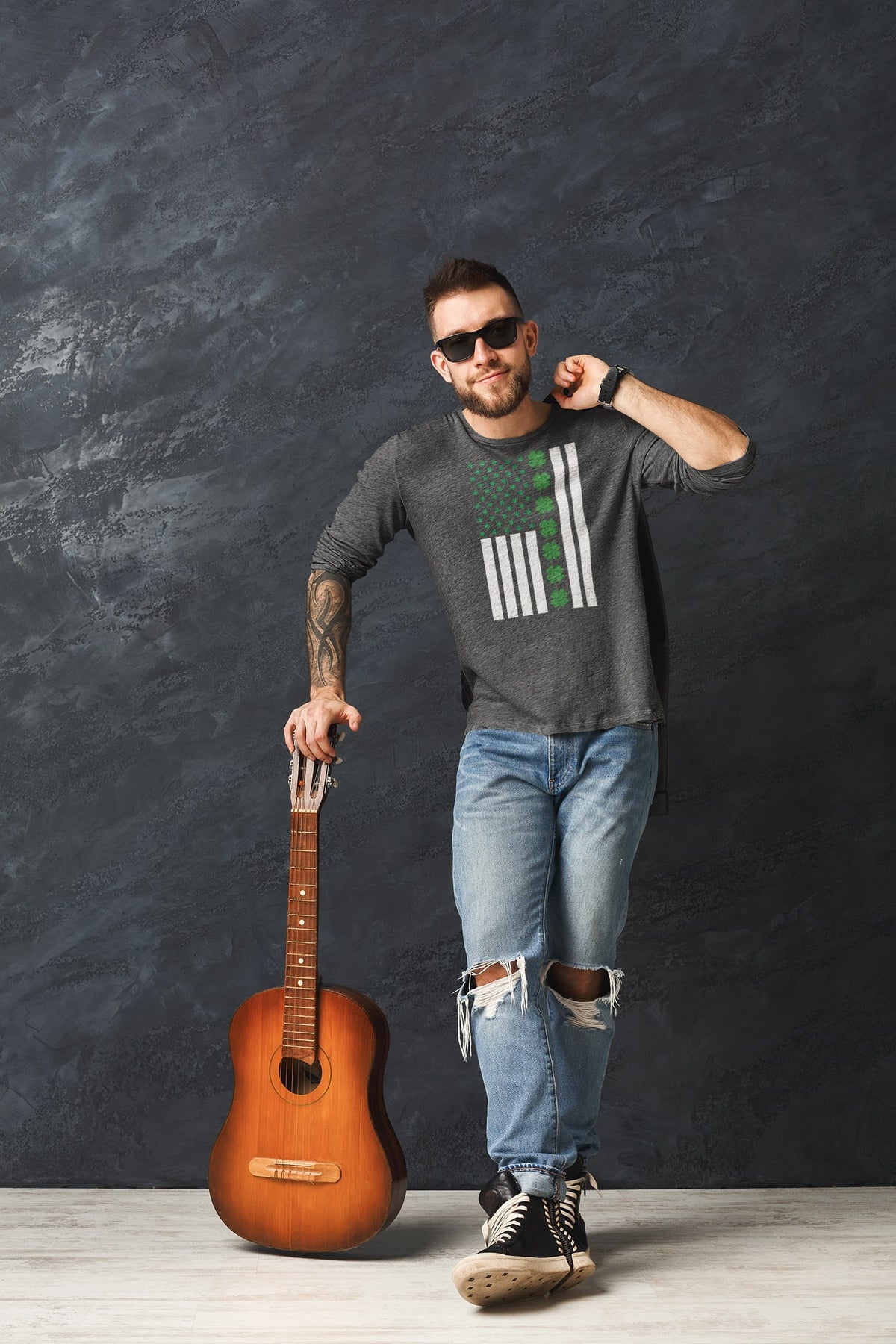 St Patricks Day Shamrock Irish Themed US Flag Mens Long Sleeve T Shirt Men's Long Sleeves Oldglory.com