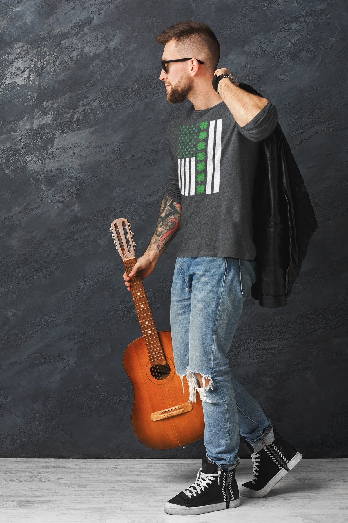 St Patricks Day Shamrock Irish Themed US Flag Mens Long Sleeve T Shirt Men's Long Sleeves Oldglory.com