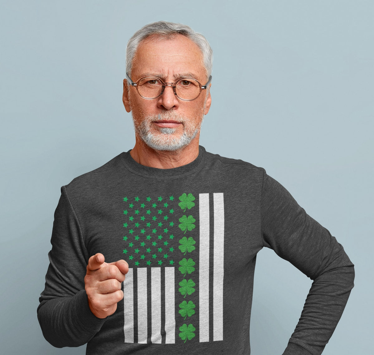 St Patricks Day Shamrock Irish Themed US Flag Mens Long Sleeve T Shirt Men's Long Sleeves Oldglory.com