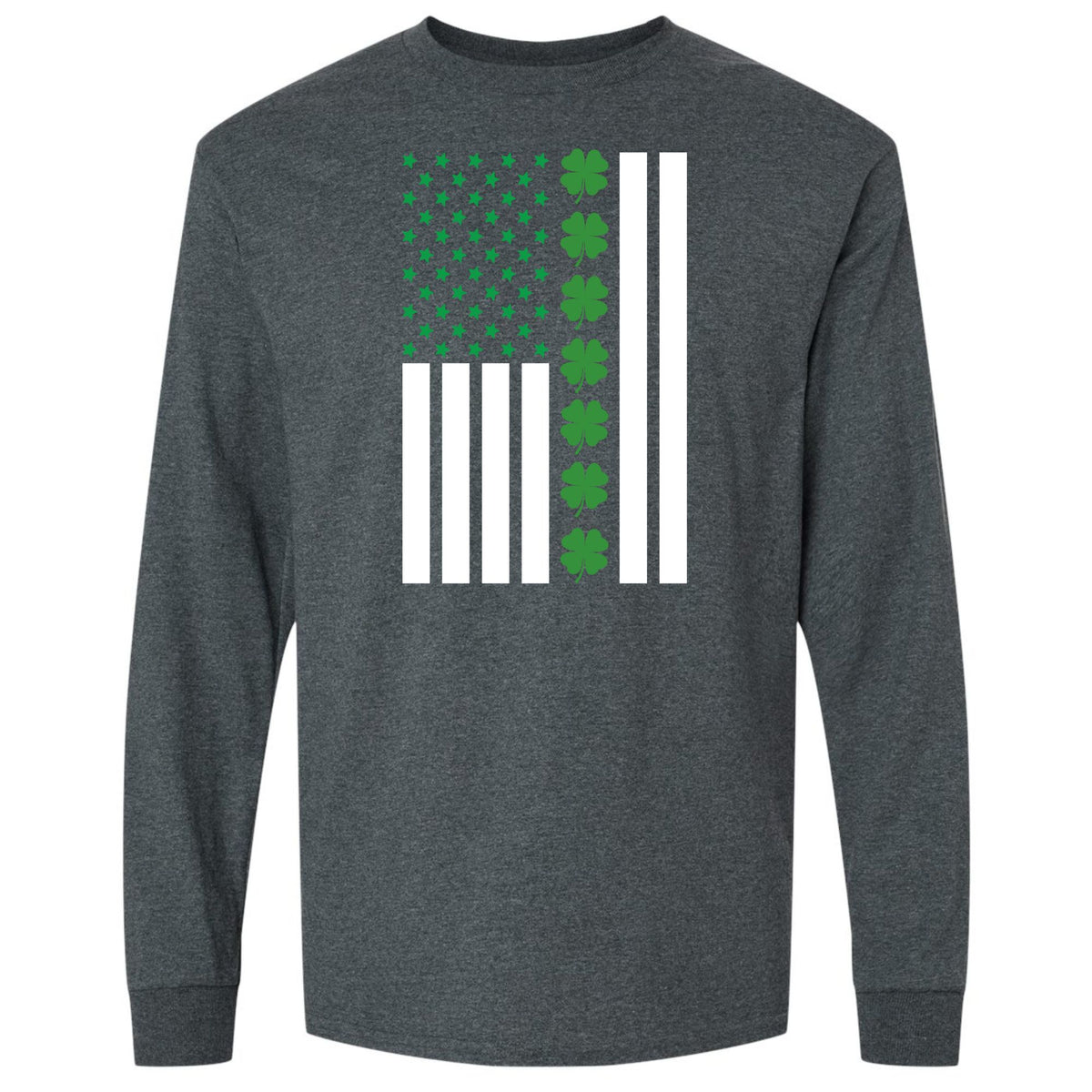 St Patricks Day Shamrock Irish Themed US Flag Mens Long Sleeve T Shirt Men's Long Sleeves Oldglory.com SM Dark Heather
