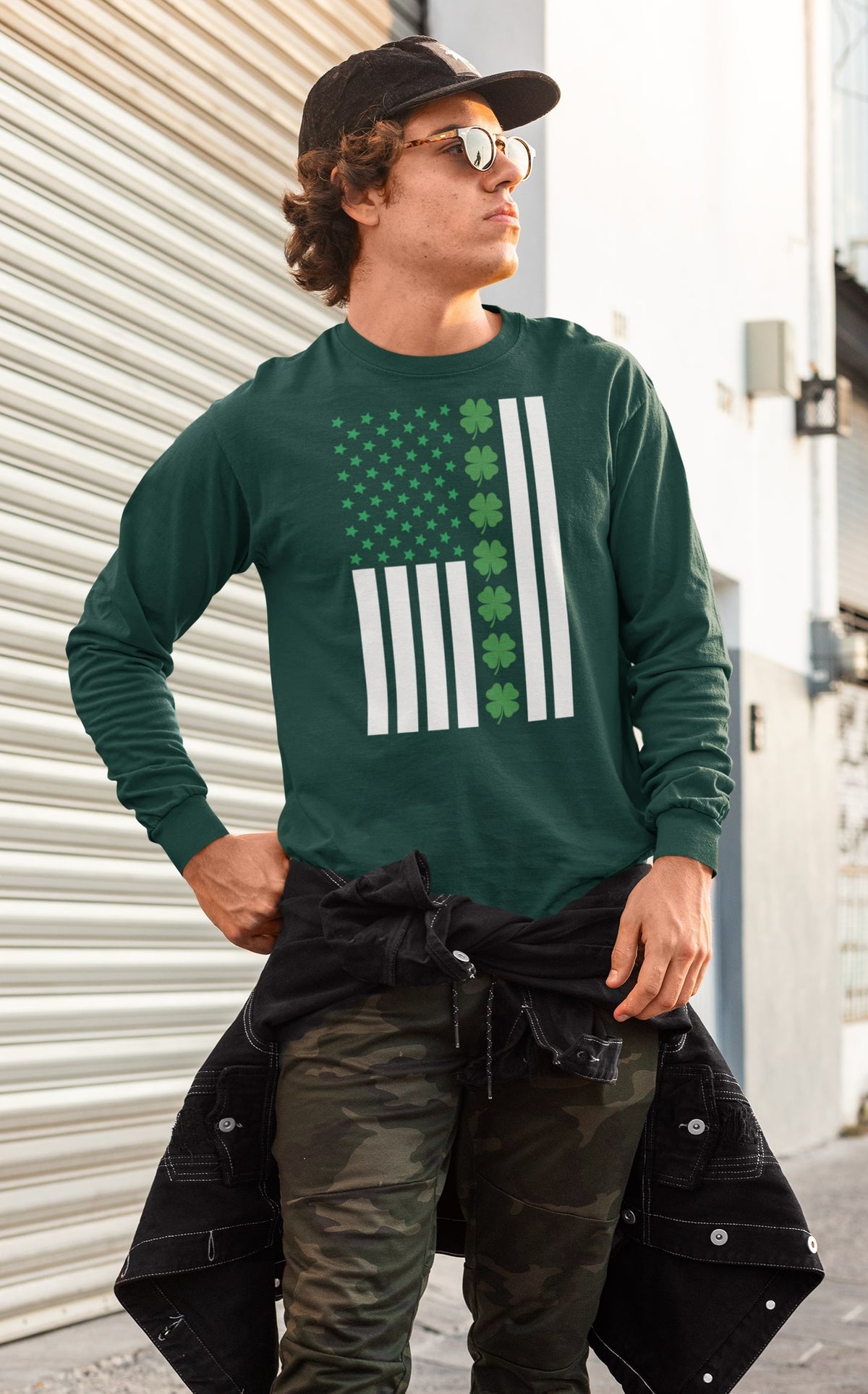 St Patricks Day Shamrock Irish Themed US Flag Mens Long Sleeve T Shirt Men's Long Sleeves Oldglory.com