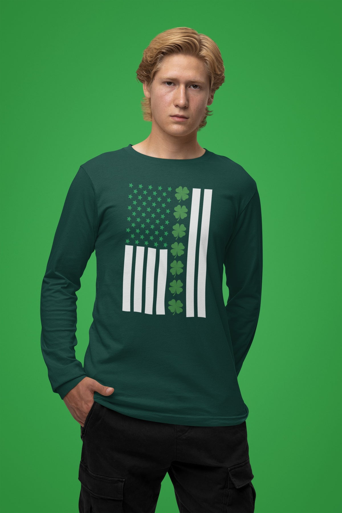 St Patricks Day Shamrock Irish Themed US Flag Mens Long Sleeve T Shirt Men's Long Sleeves Oldglory.com
