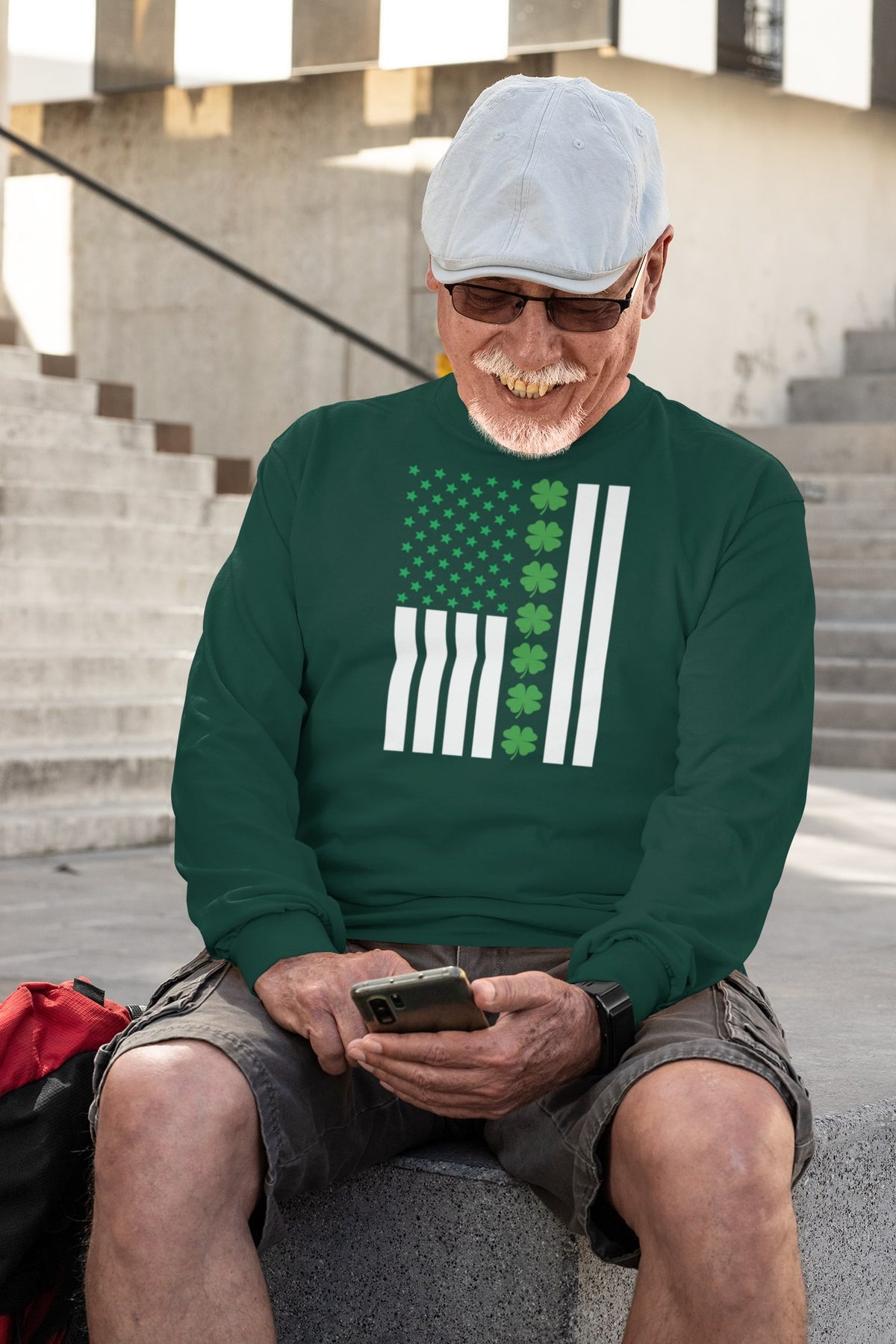 St Patricks Day Shamrock Irish Themed US Flag Mens Long Sleeve T Shirt Men's Long Sleeves Oldglory.com