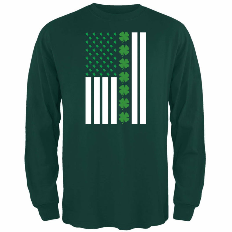 St Patricks Day Shamrock Irish Themed US Flag Mens Long Sleeve T Shirt Men's Long Sleeves Oldglory.com SM Dark Green
