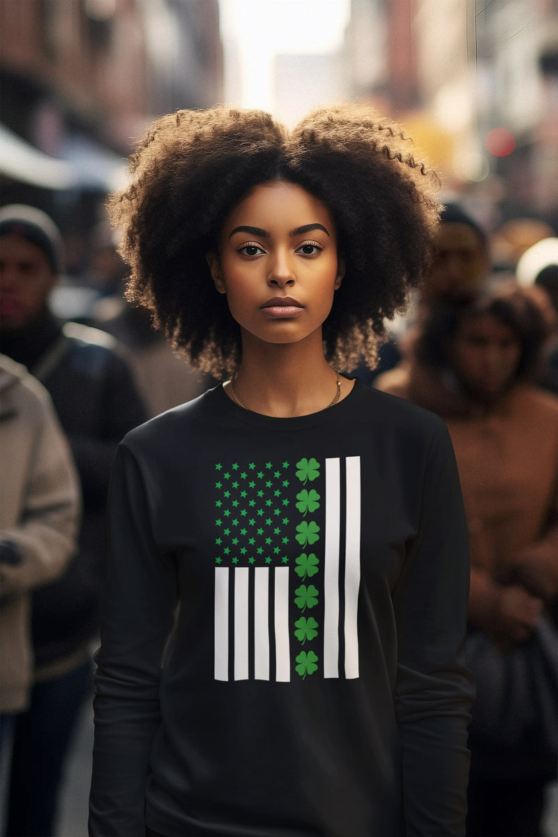 St Patricks Day Shamrock Irish Themed US Flag Womens Long Sleeve T Shirt Women's Long Sleeves Oldglory.com