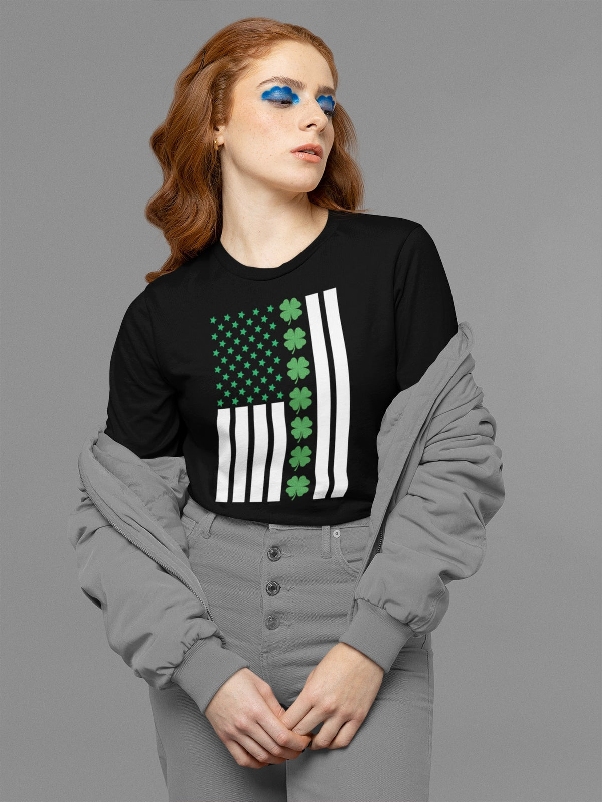 St Patricks Day Shamrock Irish Themed US Flag Womens Long Sleeve T Shirt Women's Long Sleeves Oldglory.com