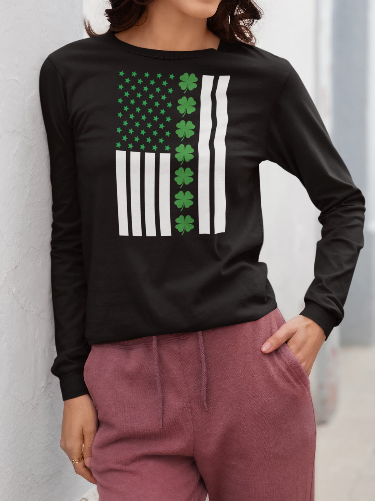St Patricks Day Shamrock Irish Themed US Flag Womens Long Sleeve T Shirt Women's Long Sleeves Oldglory.com
