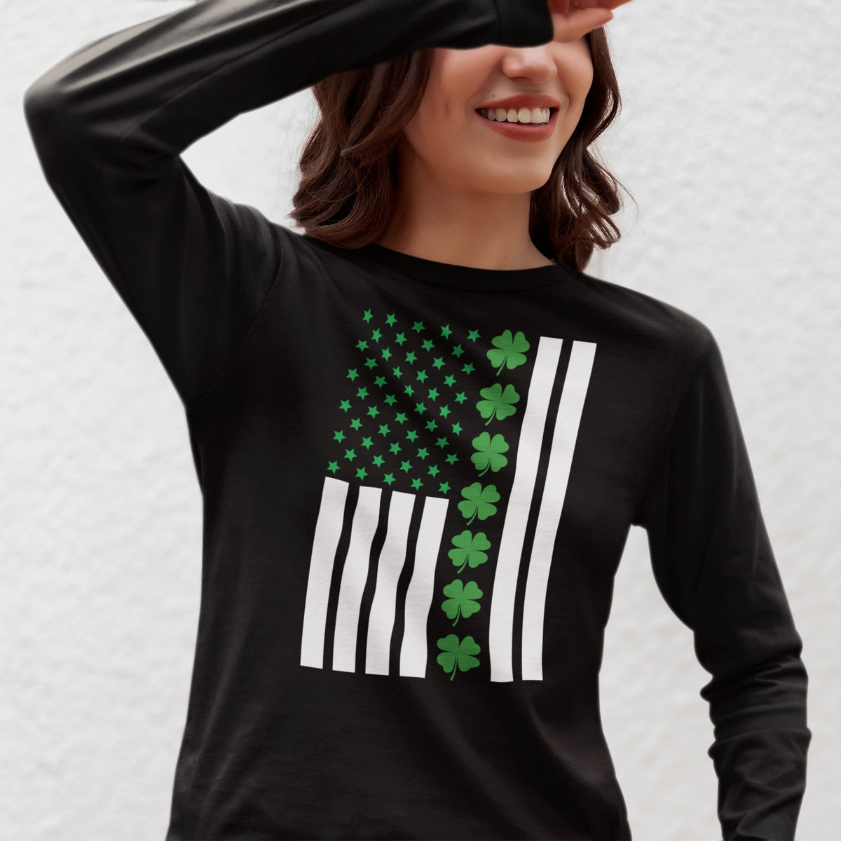 St Patricks Day Shamrock Irish Themed US Flag Womens Long Sleeve T Shirt Women's Long Sleeves Oldglory.com