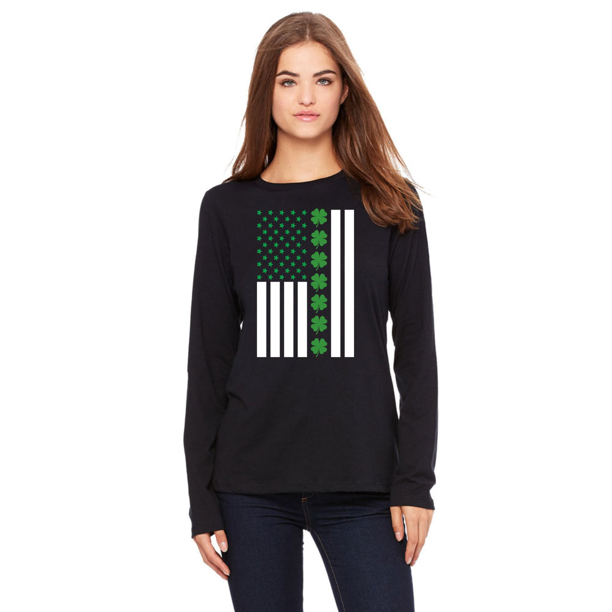 St Patricks Day Shamrock Irish Themed US Flag Womens Long Sleeve T Shirt Women's Long Sleeves Oldglory.com SM Black