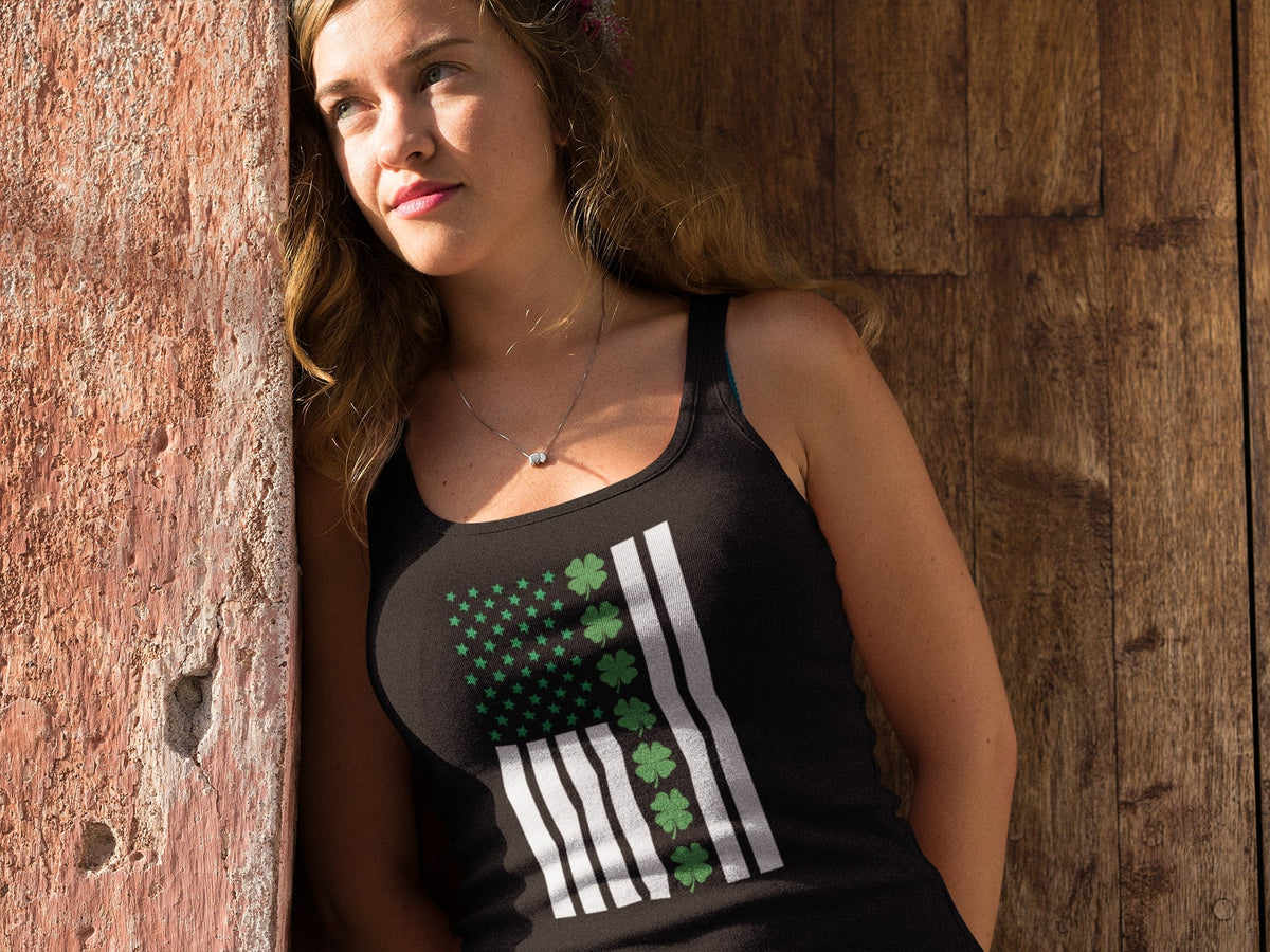 St Patricks Day Shamrock Irish Themed US Flag Juniors Soft Tank Top Juniors Tank Tops Oldglory.com