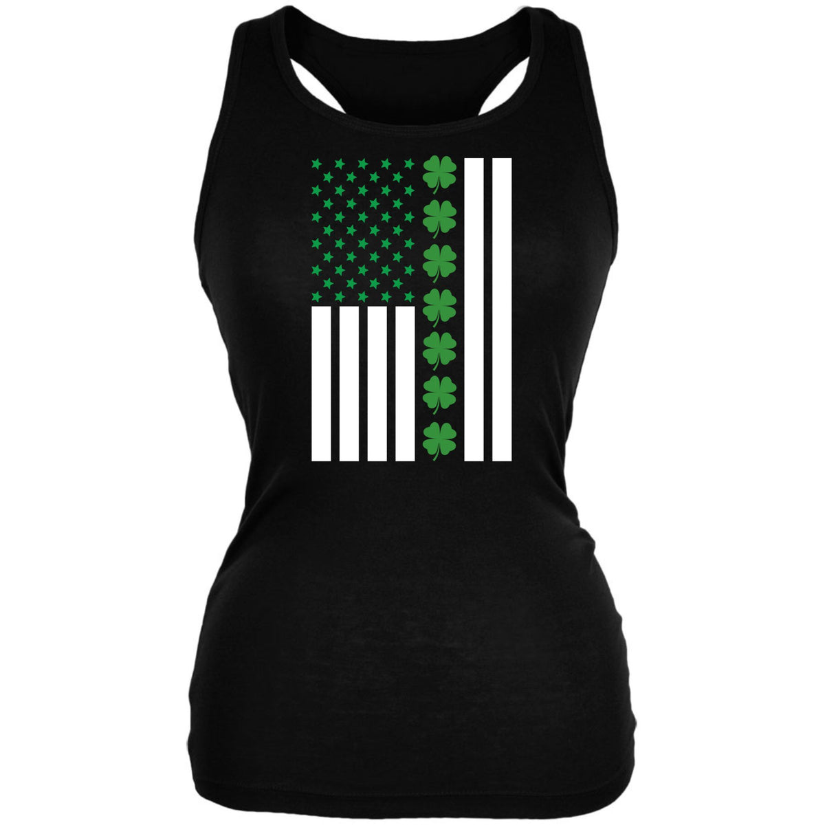 St Patricks Day Shamrock Irish Themed US Flag Juniors Soft Tank Top Juniors Tank Tops Oldglory.com SM Black