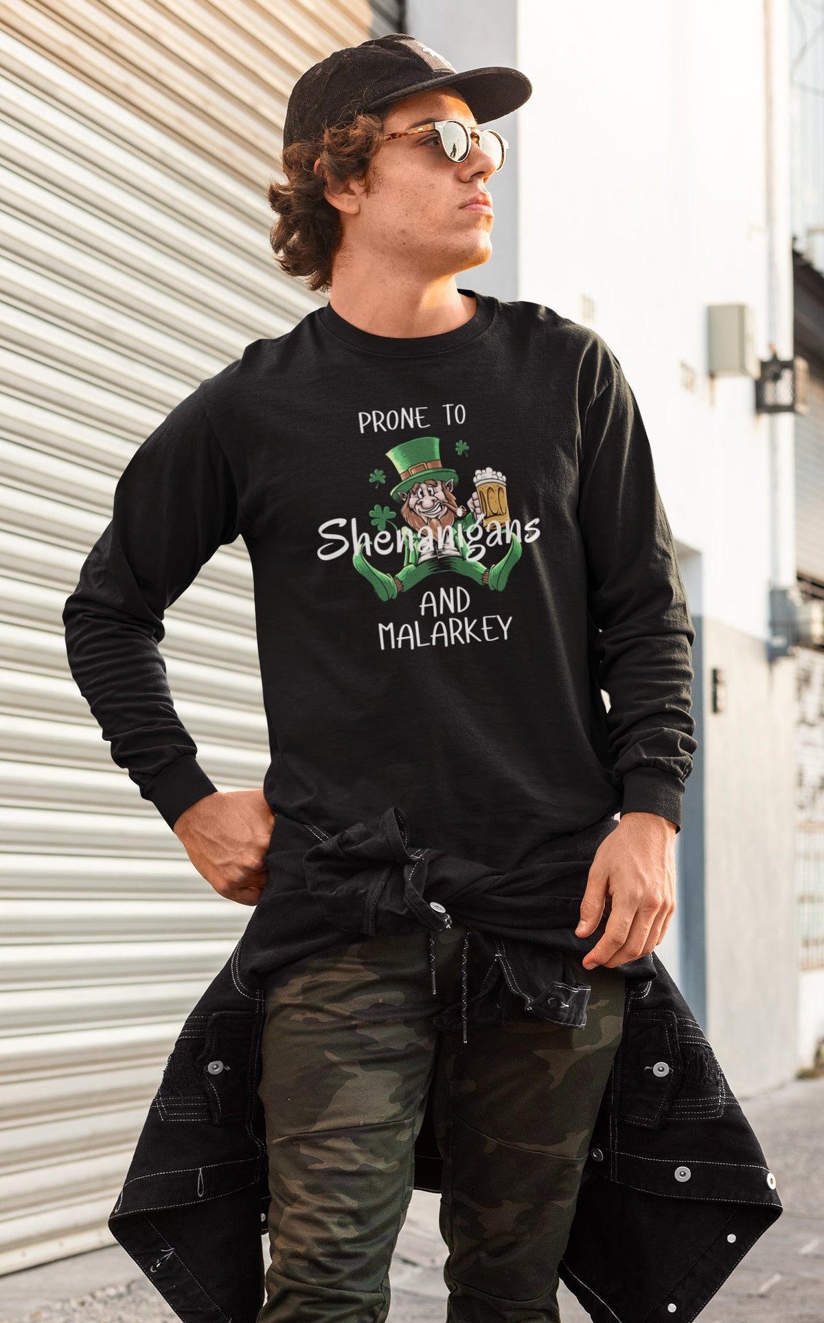 St Patricks Day Prone to Shenanigans and Malarkey Mens Long Sleeve T Shirt Men's Long Sleeves Oldglory.com