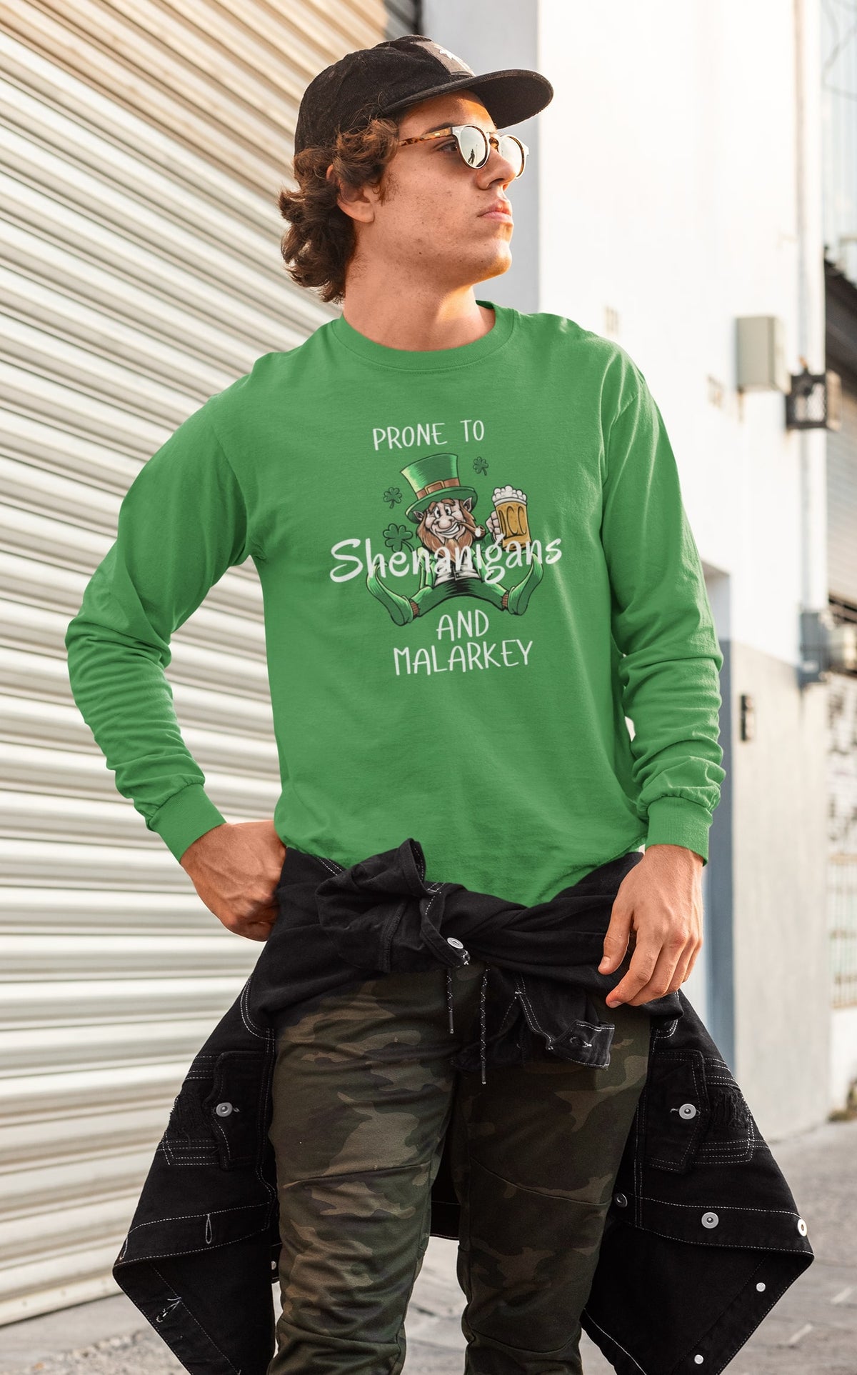 St Patricks Day Prone to Shenanigans and Malarkey Mens Long Sleeve T Shirt Men's Long Sleeves Oldglory.com