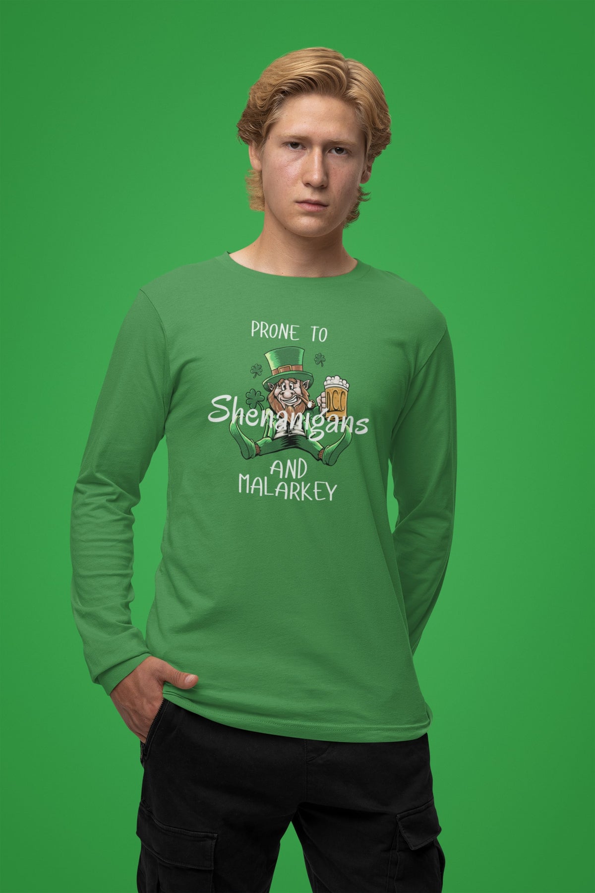 St Patricks Day Prone to Shenanigans and Malarkey Mens Long Sleeve T Shirt Men's Long Sleeves Oldglory.com