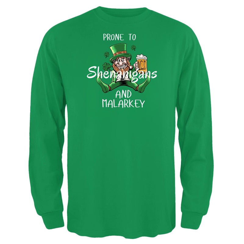 St Patricks Day Prone to Shenanigans and Malarkey Mens Long Sleeve T Shirt Men's Long Sleeves Oldglory.com SM Irish Green