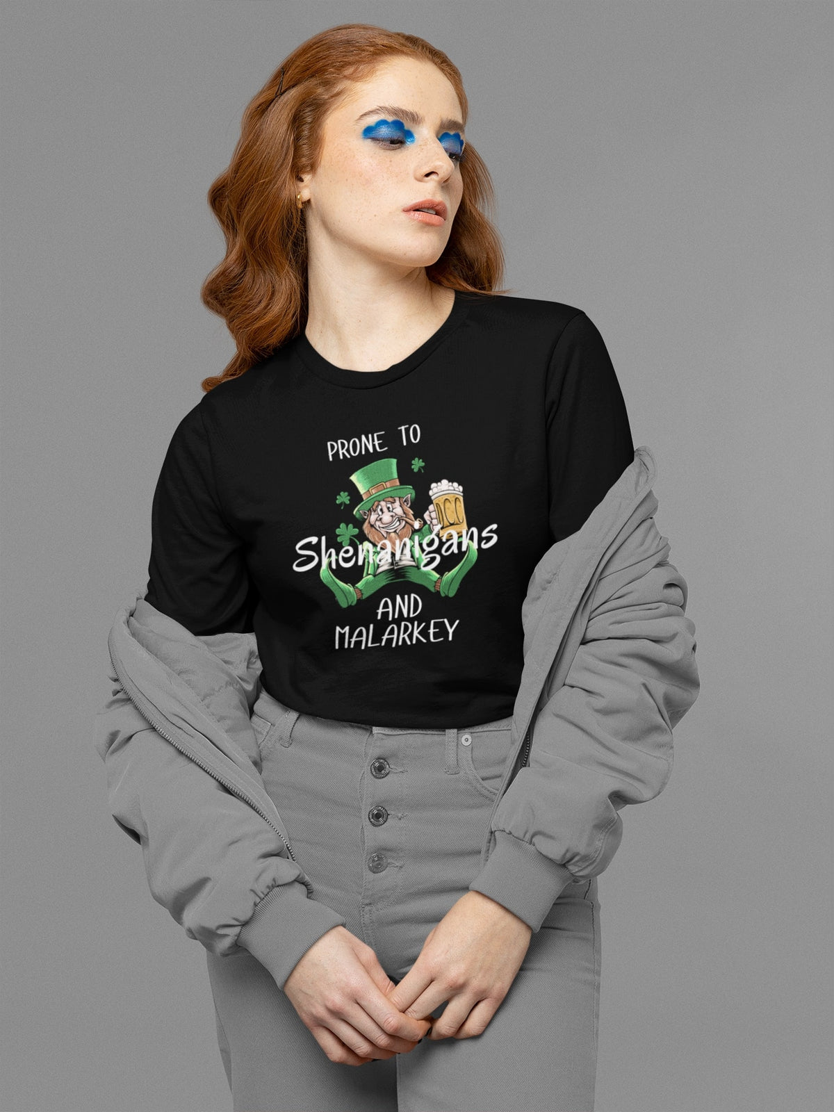 St Patricks Day Prone to Shenanigans and Malarkey Womens Long Sleeve T Shirt Women's Long Sleeves Oldglory.com