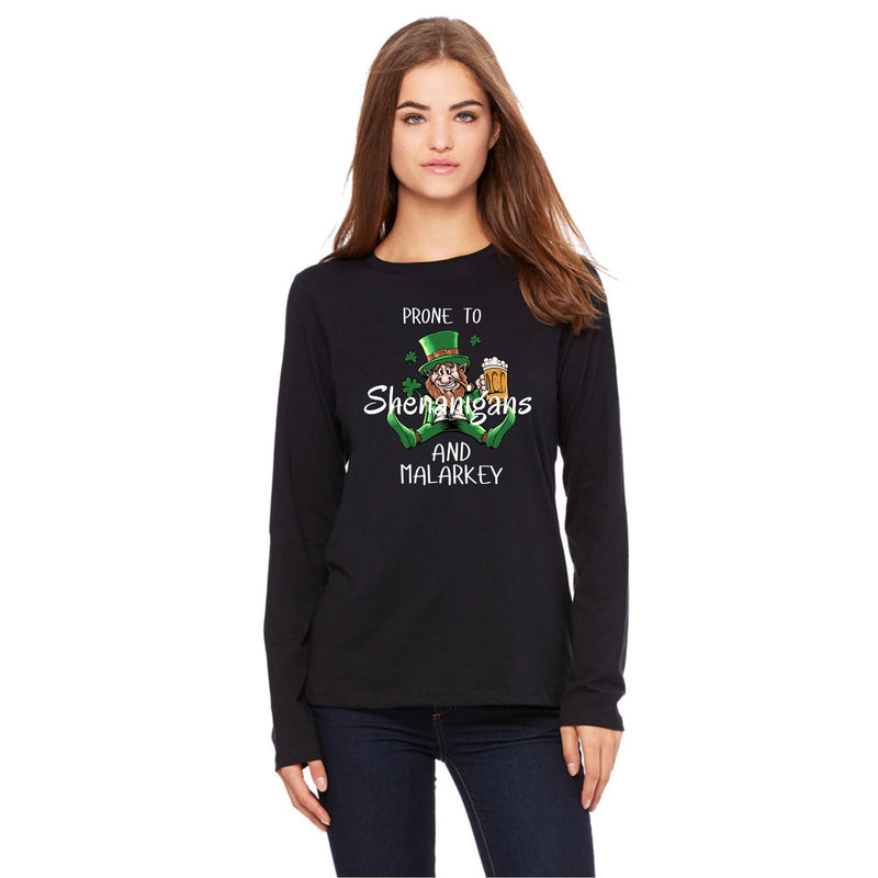 St Patricks Day Prone to Shenanigans and Malarkey Womens Long Sleeve T Shirt Women's Long Sleeves Oldglory.com SM Black