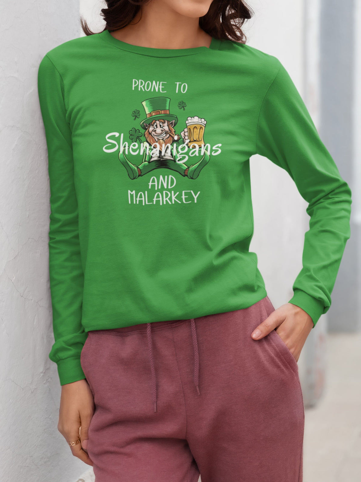 St Patricks Day Prone to Shenanigans and Malarkey Womens Long Sleeve T Shirt Women's Long Sleeves Oldglory.com