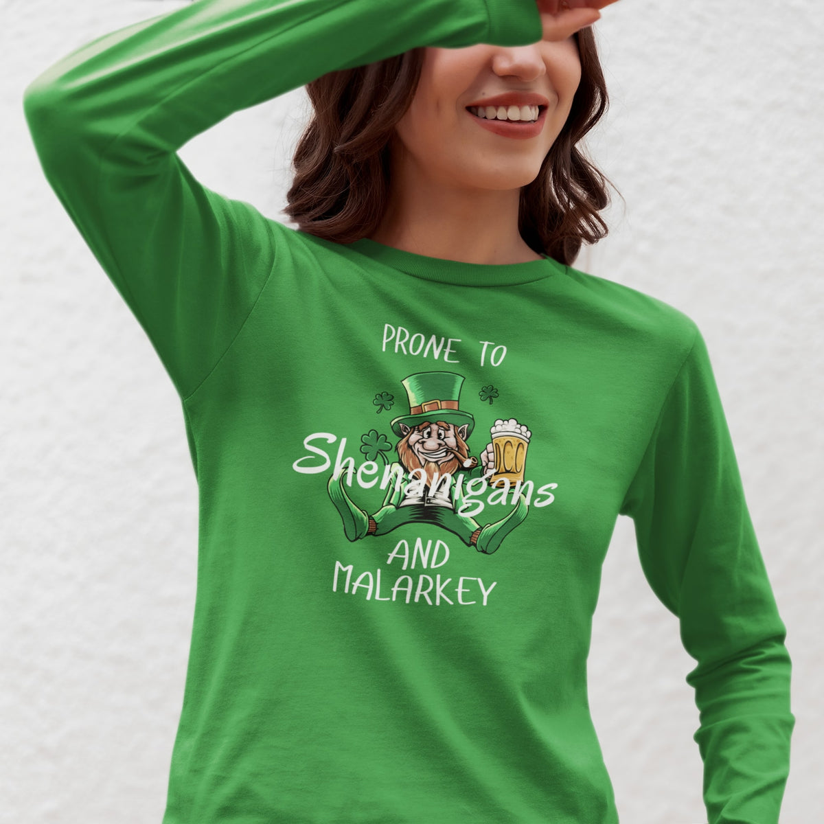 St Patricks Day Prone to Shenanigans and Malarkey Womens Long Sleeve T Shirt Women's Long Sleeves Oldglory.com