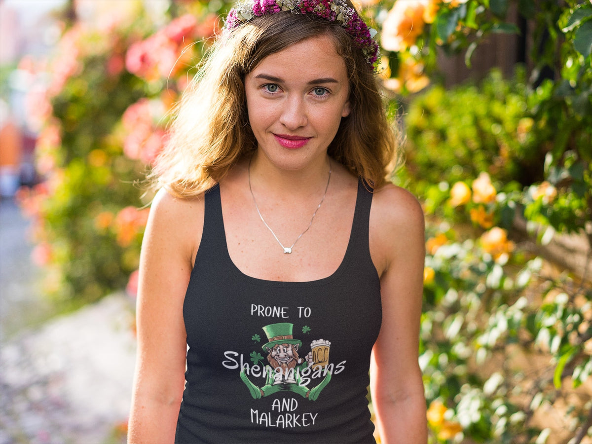 St Patricks Day Prone to Shenanigans and Malarkey Juniors Soft Tank Top Juniors Tank Tops Oldglory.com