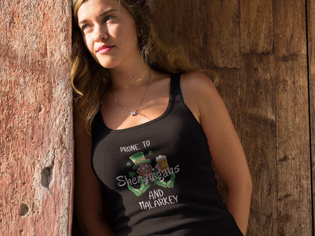 St Patricks Day Prone to Shenanigans and Malarkey Juniors Soft Tank Top Juniors Tank Tops Oldglory.com