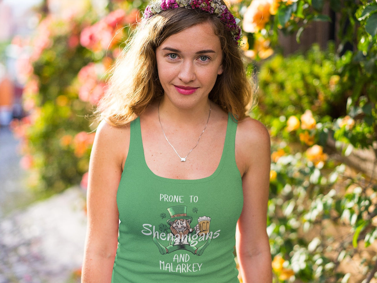 St Patricks Day Prone to Shenanigans and Malarkey Juniors Soft Tank Top Juniors Tank Tops Oldglory.com