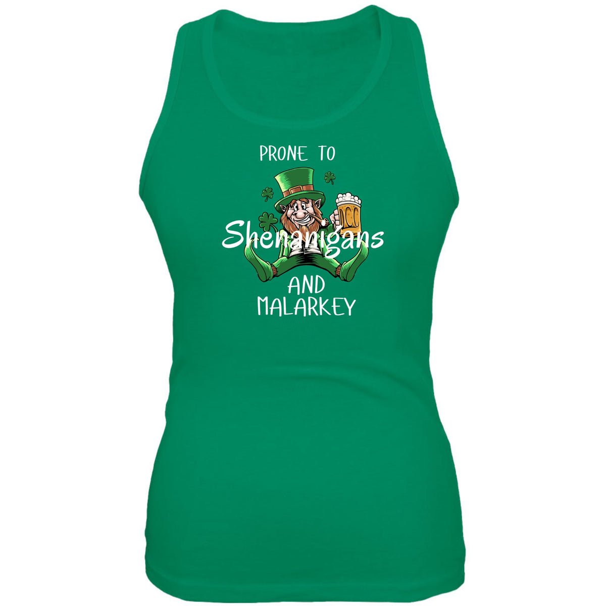 St Patricks Day Prone to Shenanigans and Malarkey Juniors Soft Tank Top Juniors Tank Tops Oldglory.com SM Kelly Green