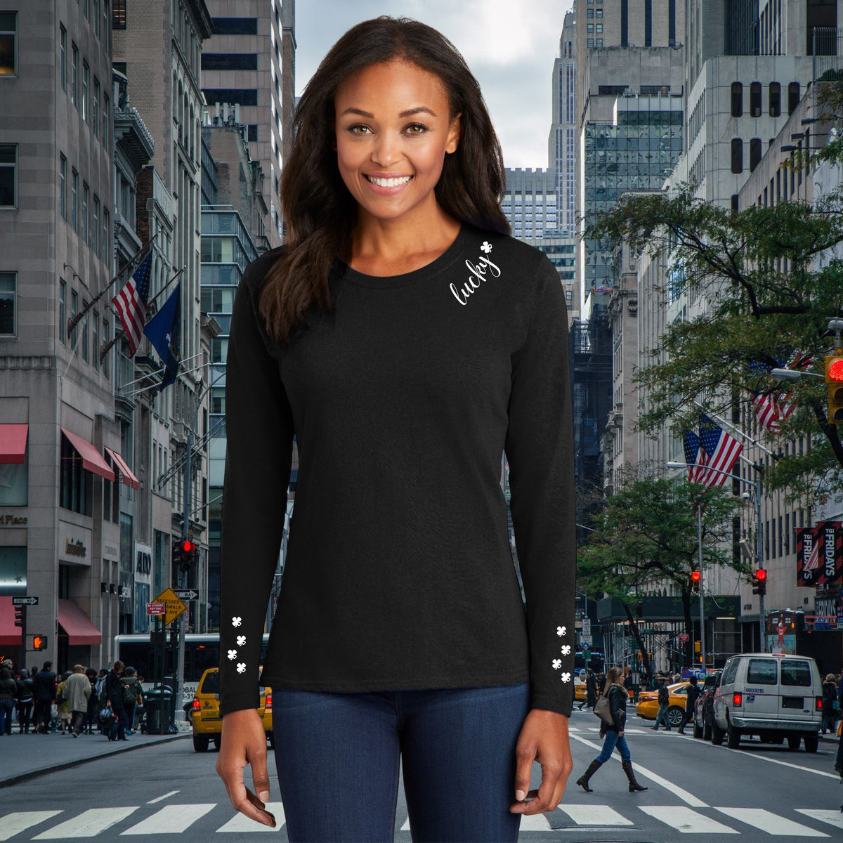 St Patricks Day Lucky Shamrock Heart Neck and Sleeve Print Womens Long Sleeve T Shirt Women's Long Sleeves Oldglory.com