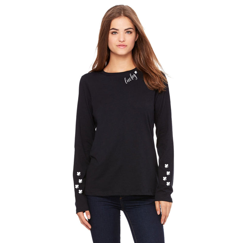 St Patricks Day Lucky Shamrock Heart Neck and Sleeve Print Womens Long Sleeve T Shirt Women's Long Sleeves Oldglory.com SM Black