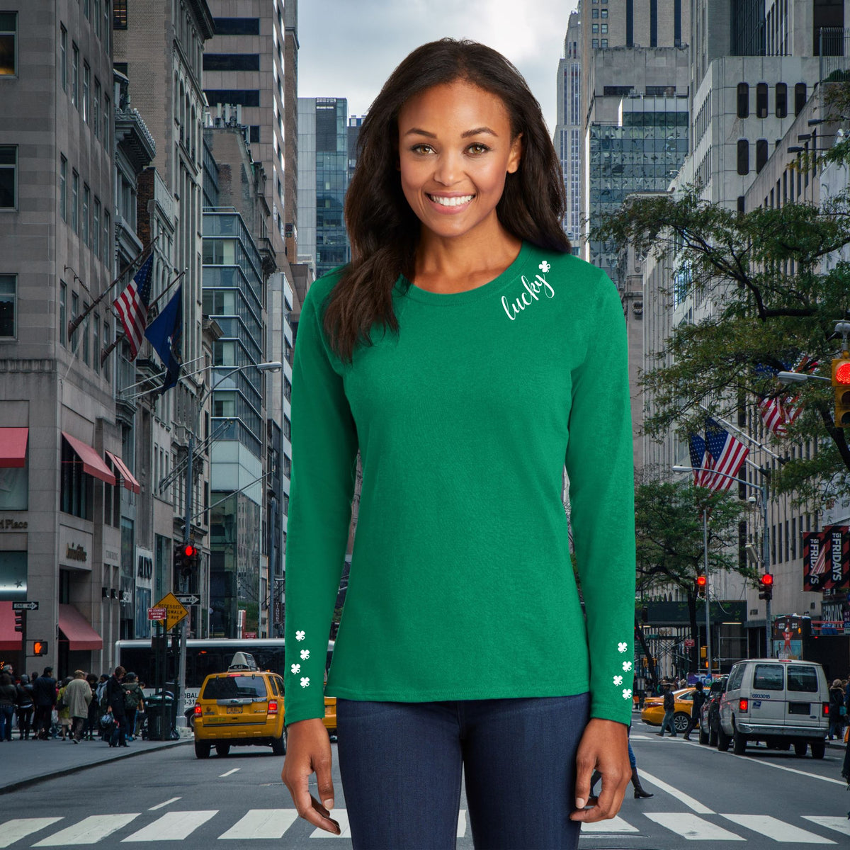 St Patricks Day Lucky Shamrock Heart Neck and Sleeve Print Womens Long Sleeve T Shirt Women's Long Sleeves Oldglory.com