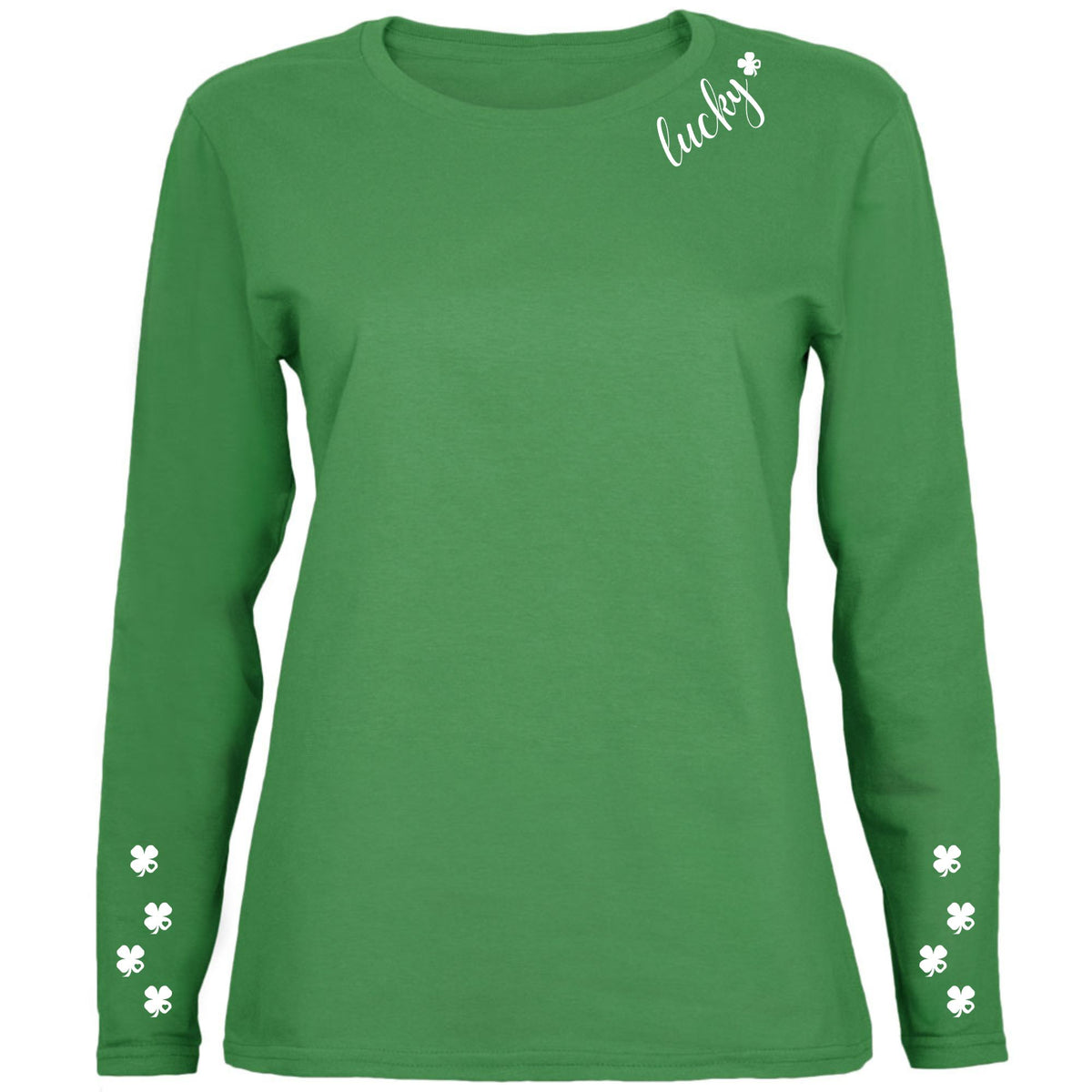 St Patricks Day Lucky Shamrock Heart Neck and Sleeve Print Womens Long Sleeve T Shirt Women's Long Sleeves Oldglory.com SM Irish Green