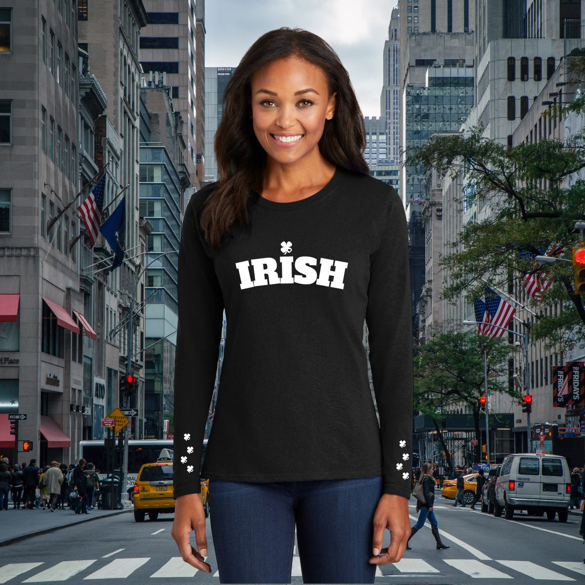St Patricks Day Irish Print Shamrock Hearts With Sleeve Print Womens Long Sleeve T Shirt Women's Long Sleeves Oldglory.com